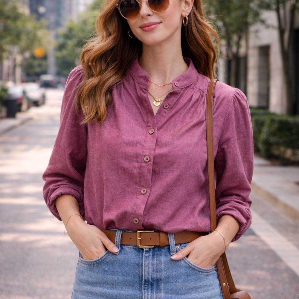 Vintage Style Magenta Pink Button Down S Blouse Mandarin Collar Pleated Top